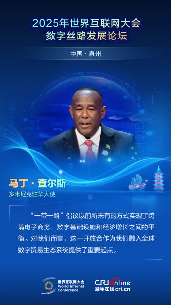 【2025数字丝路发展论坛】多米尼克驻华大使马丁·查尔斯：“一带一路”倡议实现了跨境电子商务、数字基础设施和经济增长之间的平衡（海报）